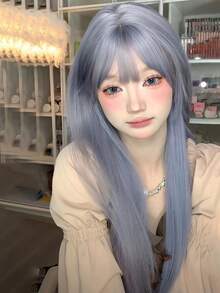 女性合成纖維頭髮假髮,漸變淺灰色藍色的長款直發帶空氣劉海,夏天風格,充分頭套設計,時尚和使 - 漸層 - 查看 4
