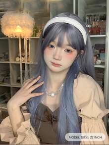 女性合成纖維頭髮假髮,漸變淺灰色藍色的長款直發帶空氣劉海,夏天風格,充分頭套設計,時尚和使 - 漸層 - 查看 2