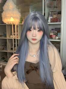 女性合成纖維頭髮假髮,漸變淺灰色藍色的長款直發帶空氣劉海,夏天風格,充分頭套設計,時尚和使 - 漸層 - 查看 1