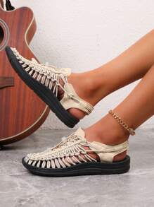 女士休閒鏤空編織海灘平底鞋,女士淺褐色鏤空鞋