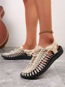 女士休閒鏤空編織海灘平底鞋,女士淺褐色鏤空鞋