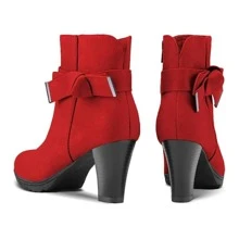 Women's Booties With Chunky Stacked Heel Ladies Ankle Boots - 紅色 - 查看 4