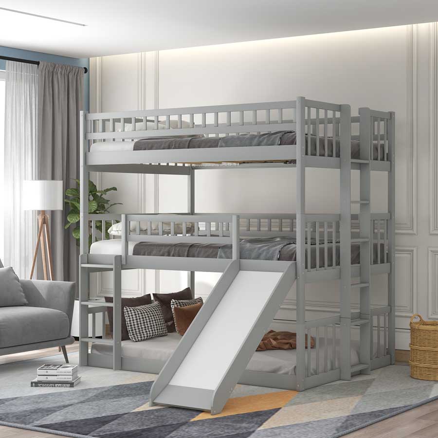 MERAX Full-Over-Full-Over-Full Triple Bed With Built-In Ladder And Slide, Triple Bunk Bed With Guardrails - Xám - Xem 1