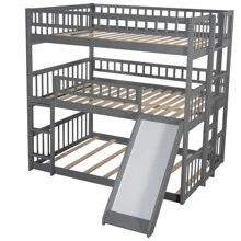MERAX Full-Over-Full-Over-Full Triple Bed With Built-In Ladder And Slide, Triple Bunk Bed With Guardrails - Xám - Xem 7