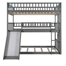 MERAX Full-Over-Full-Over-Full Triple Bed With Built-In Ladder And Slide, Triple Bunk Bed With Guardrails - Xám - Xem 5