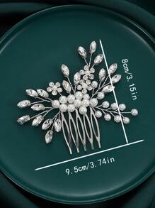 1pc Handmade Faux Pearl Crystal Women Hair Comb, Bridal Headpiece Wedding Accessory Valentine's Day Accessories - Silver - View 4