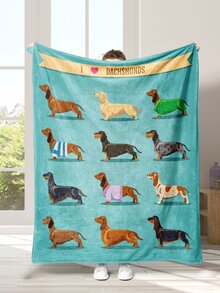 1pc Cartoon Printed Flannel Fleece Blanket With Dachshund Dog Pattern, Soft & Comfortable Throw Blanket For Home, Bed, Sofa, Picnic, Travel - Multicolor - View 2