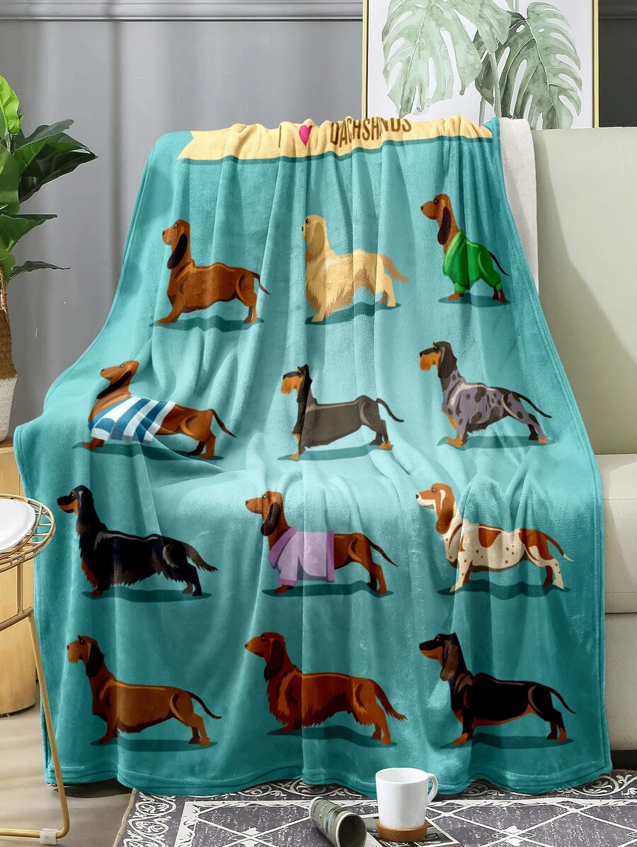 1pc Cartoon Printed Flannel Fleece Blanket With Dachshund Dog Pattern, Soft & Comfortable Throw Blanket For Home, Bed, Sofa, Picnic, Travel - Multicolor - View 1