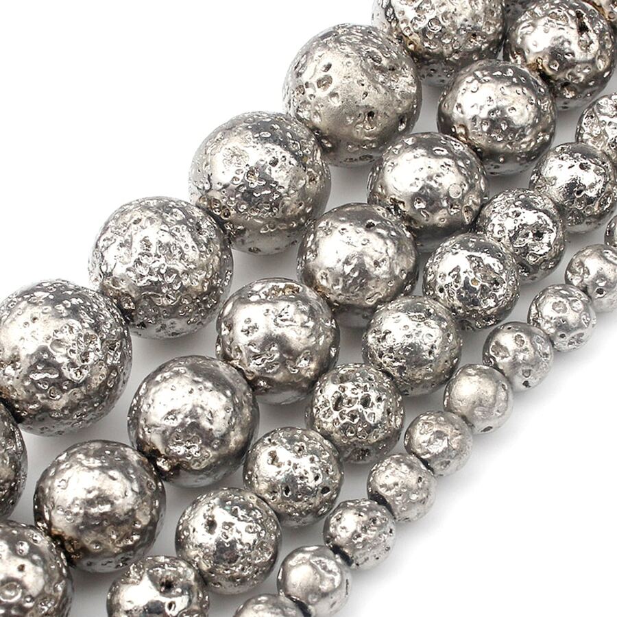 1 Strand Electroplated Rhodium Color Volcanic Lava Stone Beads for DIY Jewelry Making Loose Beads for Bracelets Necklace - White - View 1