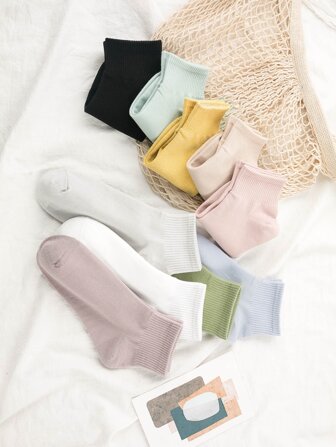 10雙/組女士經典純色中筒襪,全季節適用