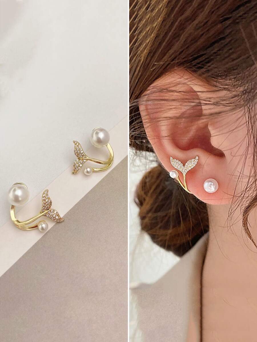 1pair Fish Tail Shaped Pearl Fashion Elegant Bride Earrings. Valentine's Day Accessories - White - View 1