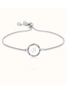 1入組波西米亞銅珠，全水鑽鑲嵌，字母和貝殼裝飾可調節抽繩手鍊，優雅派對/節日/情人禮物 - 銀色 - 查看 3