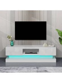 51.18inch Morden Wood TV Stand For Up To 55 Inch TV, LED Lights TV Stand Cabinet, High Glossy Entertainment Center With DVD Shelf For Living Room Bedroom Lounge Room, White - 白色 - 查看 1