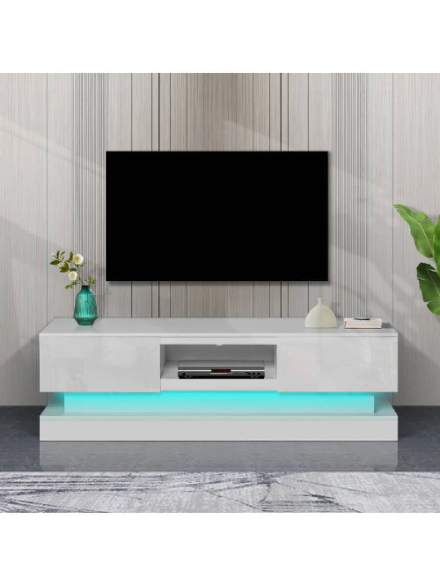 51.18inch Morden Wood TV Stand For Up To 55 Inch TV, LED Lights TV Stand Cabinet, High Glossy Entertainment Center With DVD Shelf For Living Room Bedroom Lounge Room, White - 白色 - 查看 1