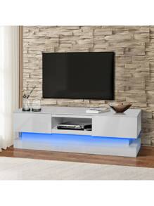 51.18inch Morden Wood TV Stand For Up To 55 Inch TV, LED Lights TV Stand Cabinet, High Glossy Entertainment Center With DVD Shelf For Living Room Bedroom Lounge Room, White - 白色 - 查看 2