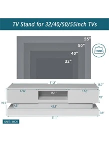 51.18inch Morden Wood TV Stand For Up To 55 Inch TV, LED Lights TV Stand Cabinet, High Glossy Entertainment Center With DVD Shelf For Living Room Bedroom Lounge Room, White - 白色 - 查看 10