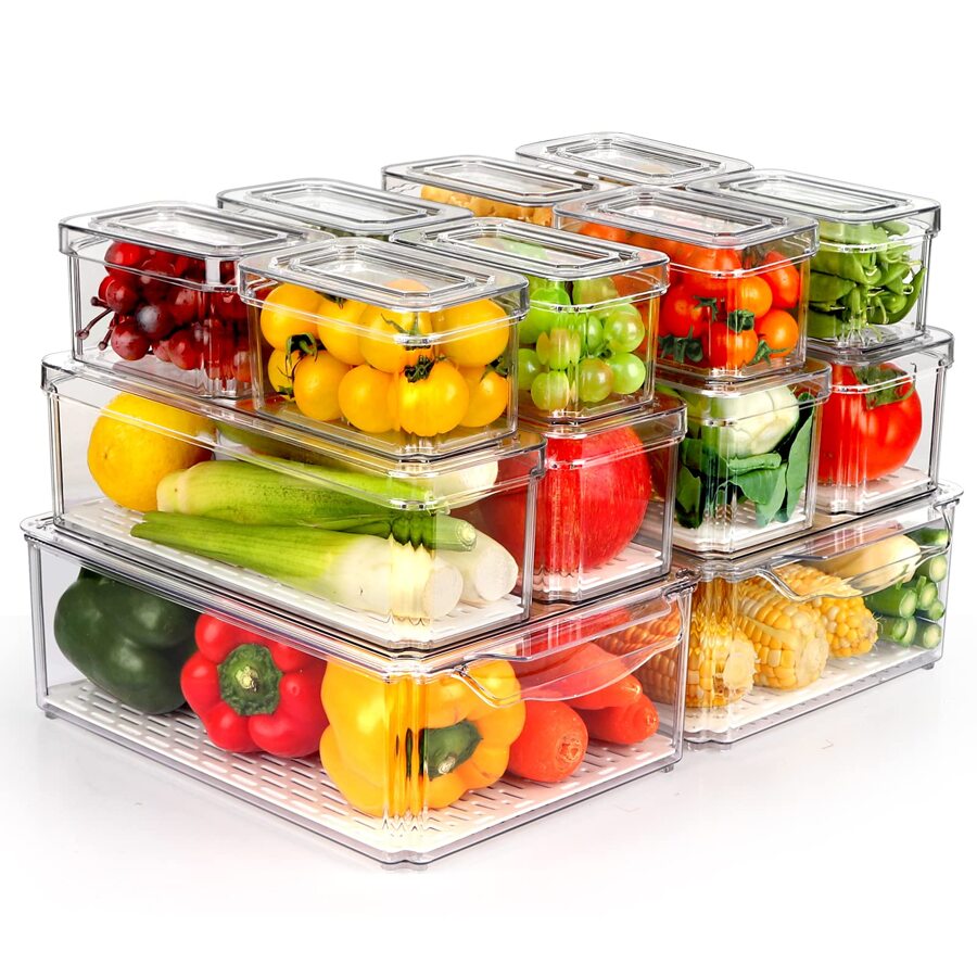 TAIMASI 14 Pack Fridge Organizer, Stackable Refrigerator Organizer Bins With Lids, Fridge Organizers And Storage Containers For Fruit, Vegetable, Food, Drinks, Cereals, Clear | Perfect For Thanksgiving, Christmas, New Year's, Easter, And Mother's Day Kitchen Organization