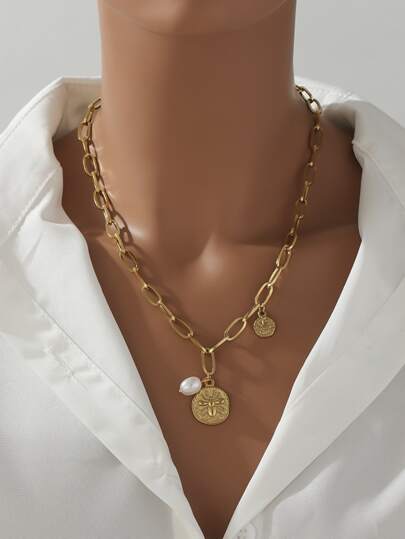 1pc Fashionable Vintage Western-Style Chunky Chain Necklace With Round Pendant, Spider & Faux Pearl Decor For Women