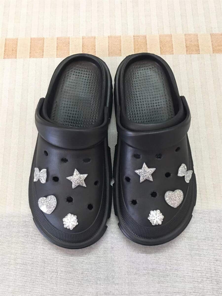 1set 8pcs Silver Glitter Decorative Shoe Charms With Star & Heart Design For Clogs - Silver - View 1
