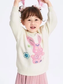 Balabala Young Girl Cartoon Pattern Drop Shoulder Sweater - White - View 1