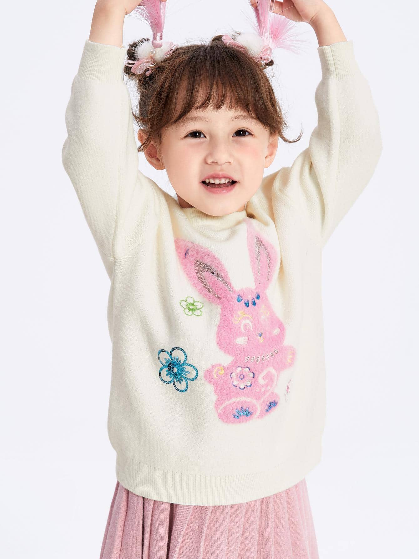 Balabala Young Girl Cartoon Pattern Drop Shoulder Sweater - White - View 1