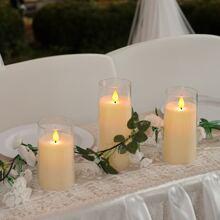 3 件，象牙白闪烁无焰蜡烛，电池供电亚克力 LED 柱状蜡烛，带遥控器和定时器，家居装饰，3 英寸 X 5 英寸 6 英寸 7 英寸