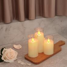 3 件，象牙白闪烁无焰蜡烛，电池供电亚克力 LED 柱状蜡烛，带遥控器和定时器，家居装饰，3 英寸 X 5 英寸 6 英寸 7 英寸