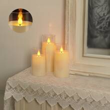 3 件，象牙白闪烁无焰蜡烛，电池供电亚克力 LED 柱状蜡烛，带遥控器和定时器，家居装饰，3 英寸 X 5 英寸 6 英寸 7 英寸