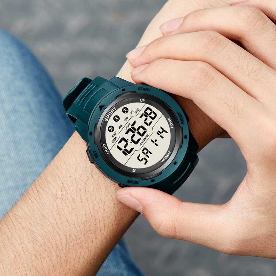 1pc Men's Waterproof, Night Light Function, Stopwatch, Sports Digital Wristwatch - Green - View 1