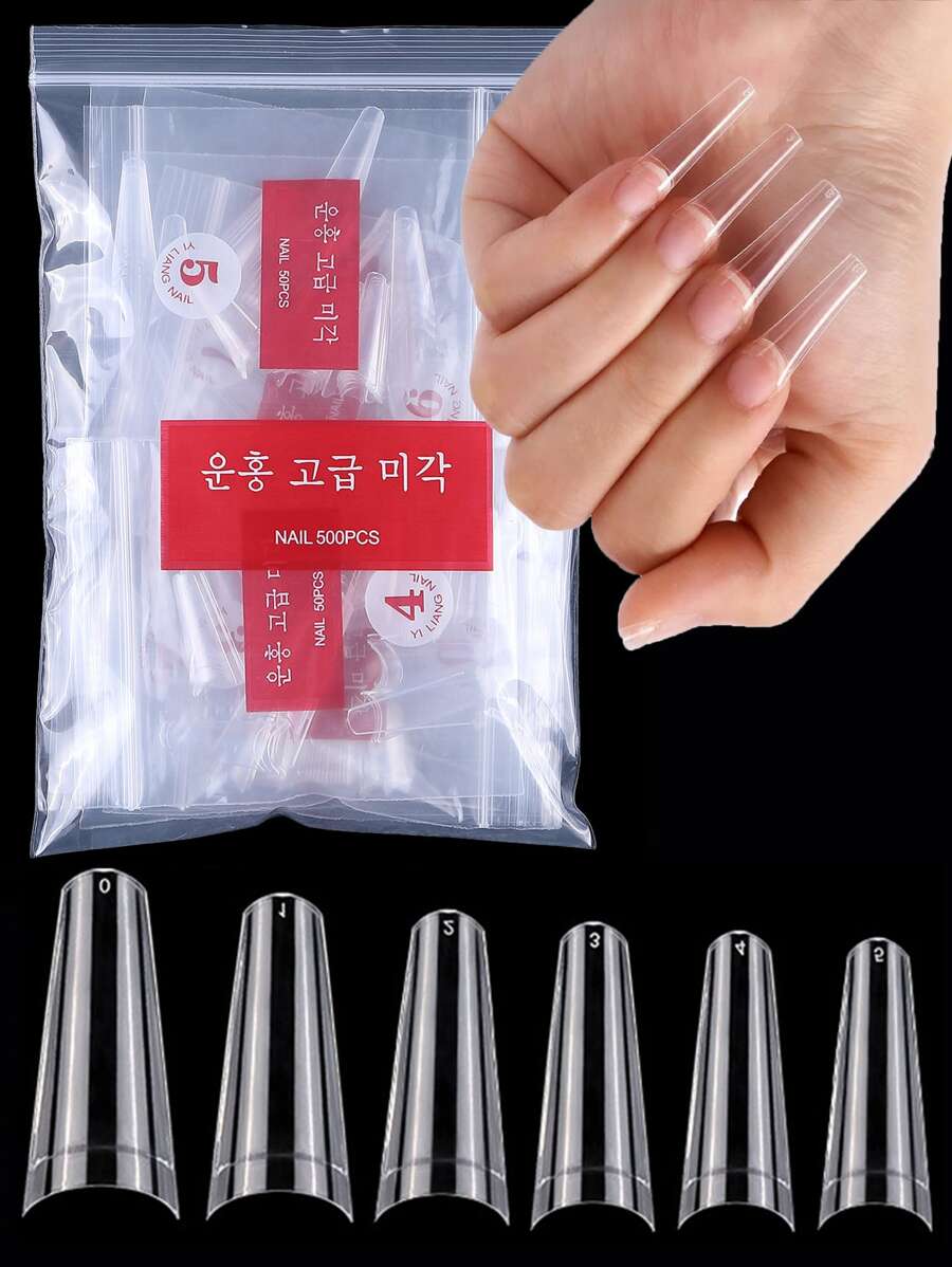 500Pcs Acrylic French Half False Nail Tips Coffin Flat C Curve Nail Art Transparent Fake Nails Tip UV Gel Manicure Supply Press On Nails Nail Supplies - Clear - View 1