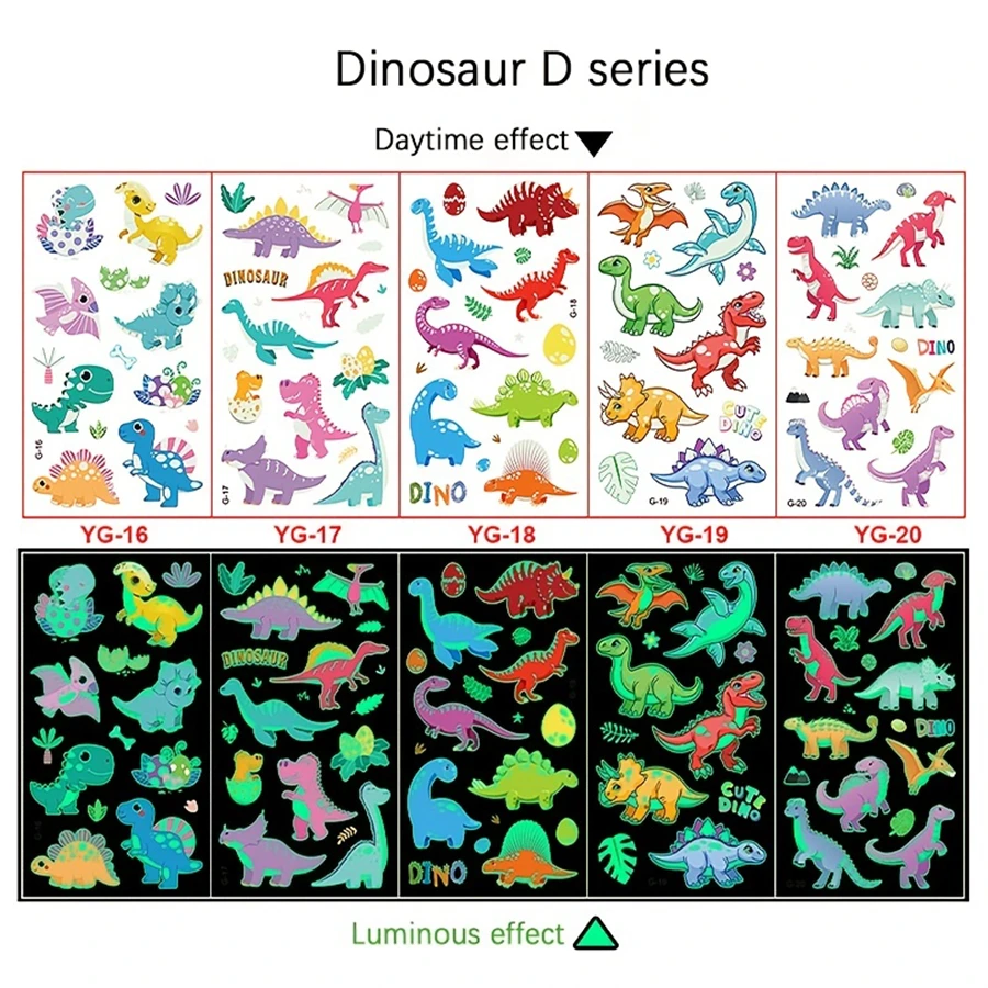 5入組孩子們夜光臨時紋身貼,持久動物和恐龍貼紙 - 彩色 - 查看 1