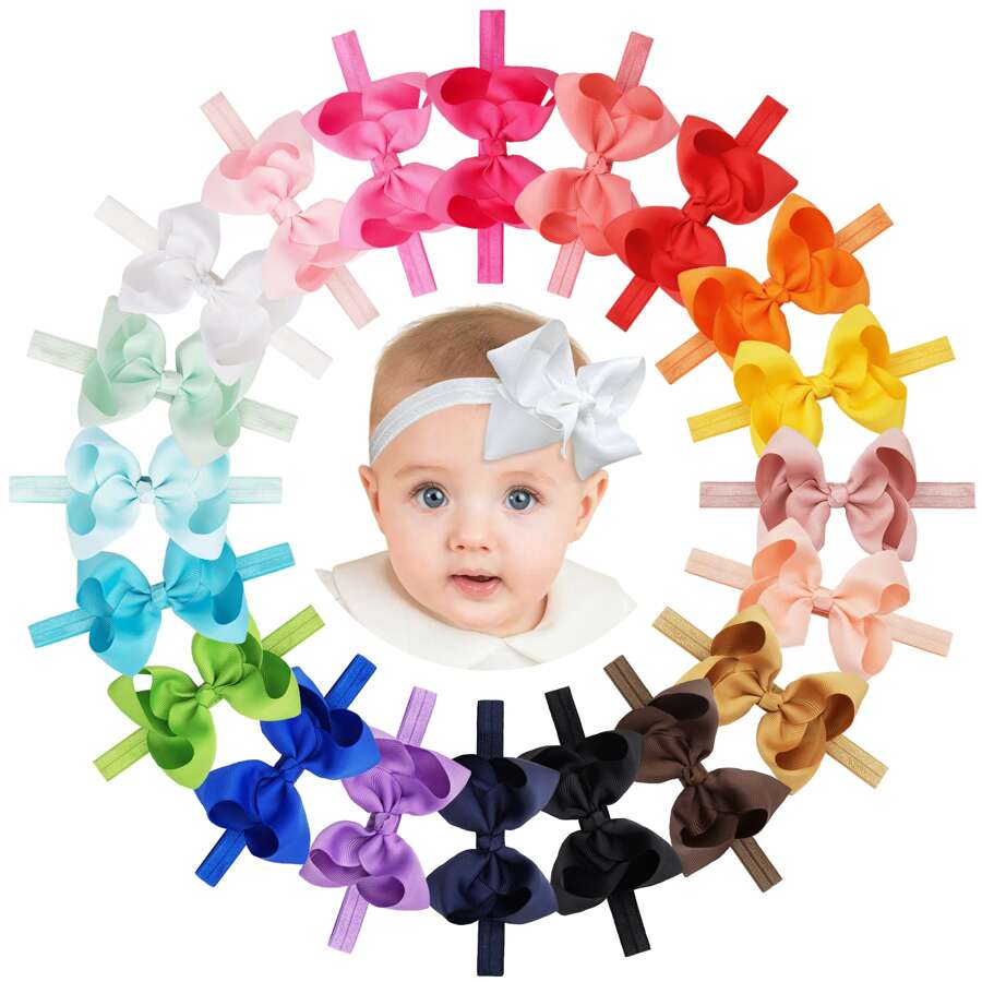 20pcs 20 Color 4-Inch Ribbon Bow Headbands For Kids Love Valentine - Multicolor - View 1