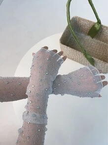 1 đôi Của phụ nữ Màu bạc Pha lê & Vàng bạc Dây điện Cánh tay áo Với Chống nắng Và Chi tiết ren , Sáng bóng Lưới trong suốt Chất vải - Bạc - Xem 2