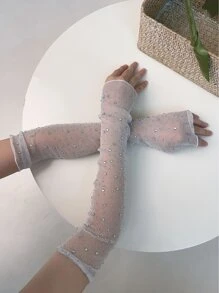 1 đôi Của phụ nữ Màu bạc Pha lê & Vàng bạc Dây điện Cánh tay áo Với Chống nắng Và Chi tiết ren , Sáng bóng Lưới trong suốt Chất vải - Bạc - Xem 4