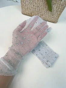 1 đôi Của phụ nữ Màu bạc Pha lê & Vàng bạc Dây điện Cánh tay áo Với Chống nắng Và Chi tiết ren , Sáng bóng Lưới trong suốt Chất vải - Bạc - Xem 1