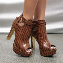 Women's Ankle Boots Open Toes Buckle Strap Snake Pattern Ladies High Heels - 蛇棕 - 查看 1