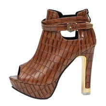 Women's Ankle Boots Open Toes Buckle Strap Snake Pattern Ladies High Heels - 蛇棕 - 查看 7
