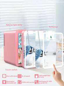 帶 LED 鏡子迷你冰箱：冷藏您護膚品、化妝品和食品 - 6 升/6 罐，冷藏和保溫，非常適合臥室、辦公室和汽車粉色 - 粉色 - 查看 6