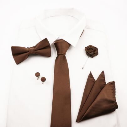 ZONFAZ 5-Piece Men Business Classic Solid Color Tie + Bow Tie + Pocket Square + Cufflinks + Lapel Pin Combo Set For Wedding Celebration And Daily Suit Wear Casual Men Necktie