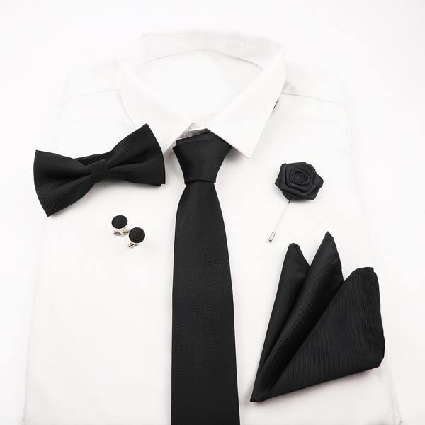 Set mit 5 klassischen Herren Business-Krawatte, Fliege, Einstecktuch, Manschettenknöpfe und Anstecknadel in Unifarben, geeignet für Hochzeiten, Feiern und das tägliche Anzug-Outfit, Lässig Valentinstag Valentines
