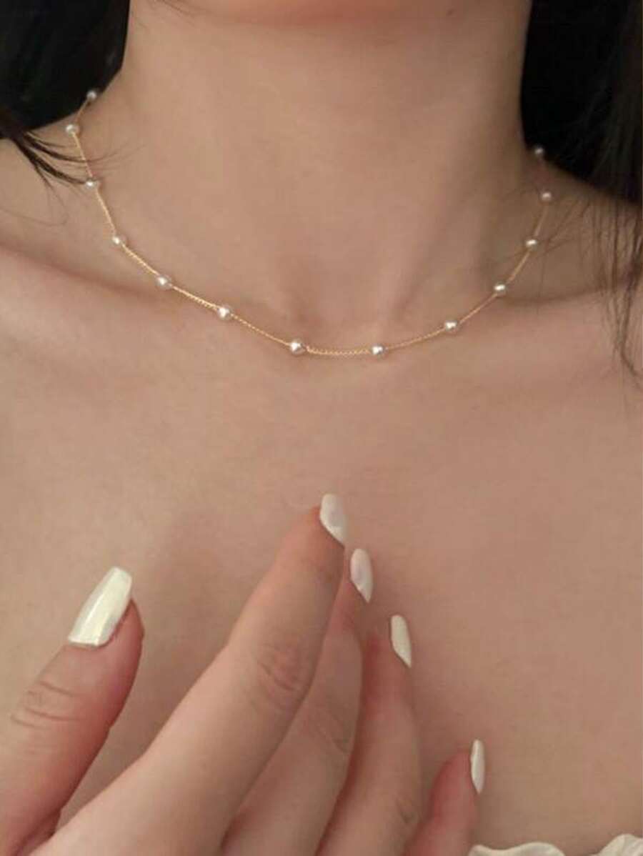 珠子女士頸鏈kpop仿真珍珠貼頸項鍊金色哥特式頸套首飾吊墜頸鏈項圈 - 彩色 - 查看 1
