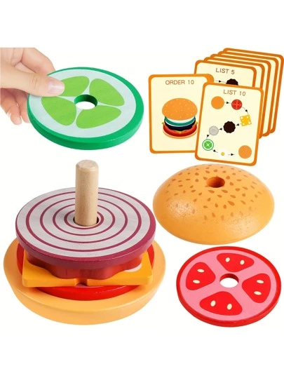 1入組蒙特梭利玩具3歲木製漢堡分類堆疊玩具幼兒學前教育玩具兒童精細動作玩具男孩女孩（漢堡）