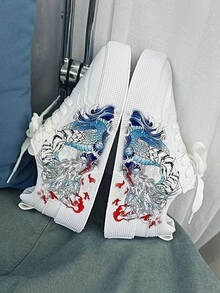 1 par Zapatos con patrón de dibujos animados elegante sin cordones de hombres deportivo de patineta - Blanco - Ver 4