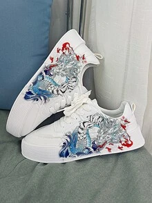 1 par Zapatos con patrón de dibujos animados elegante sin cordones de hombres deportivo de patineta - Blanco - Ver 2