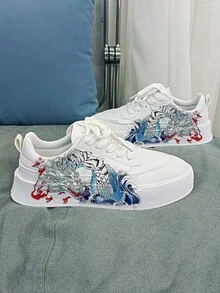 1 par Zapatos con patrón de dibujos animados elegante sin cordones de hombres deportivo de patineta - Blanco - Ver 3