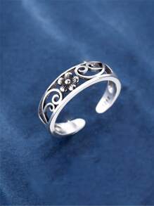 1pc Vintage Sterling Silver Hollow Out Plum Blossom Shaped Adjustable Toe Ring For Women, Summer Dating Gift