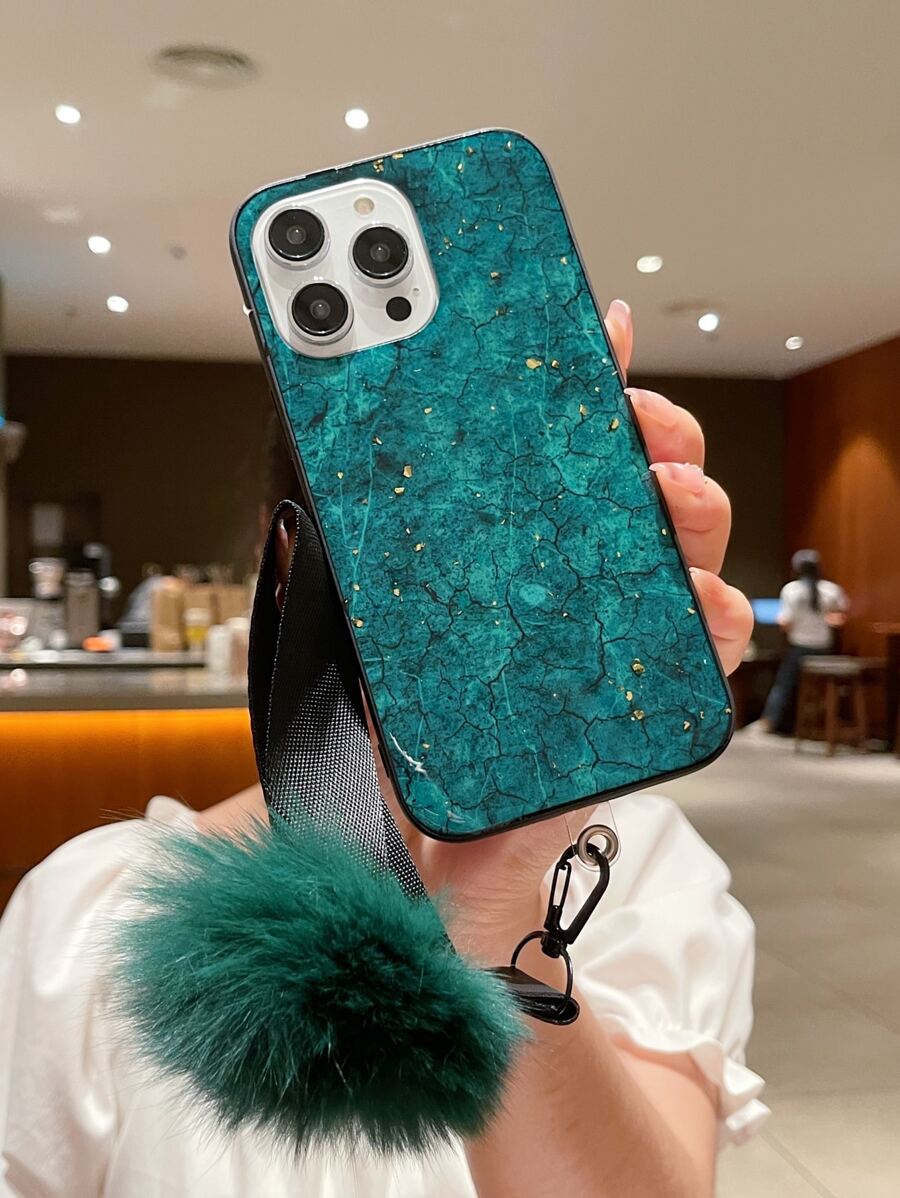 带毛绒球装饰挂绳的图案手机壳，国际版，非国内版 - 墨綠色 - 查看 1