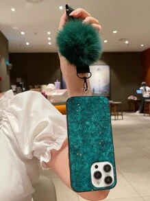 带毛绒球装饰挂绳的图案手机壳，国际版，非国内版 - 墨綠色 - 查看 4