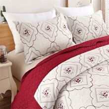 3 Pcs Embroidered Quilt Queen King Size Floral Bedspread Soft Breathable Flower Coverlet Burgundy White Bed Cover Embroidered Bedding Christmas Bed Home Decor - Red and White - View 2