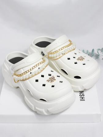 女式DIY珍珠串珠鍊帶金屬心蝴蝶一體扣裝飾鏤空時尚戶外EVA鞋（為防止壓痕，可拆卸配件需單獨包裝）